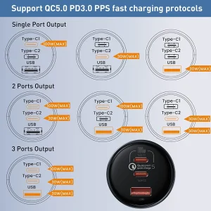 شارژر فندکی باسئوس مدل Multi-port Fast Charge 160W به همراه کابل تبدیل Usb-c