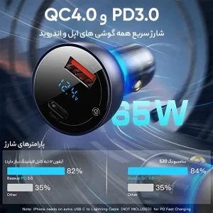 شارژر فندکی باسئوس مدل Dual Quick Charger 65W  به همراه کابل USB-C