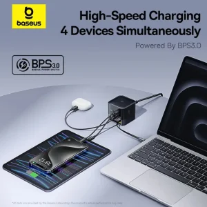 شارژر رومیزی 100 وات 3 پورت بیسوس مدل  100W Super GaN  به همراه کابل  USB-C