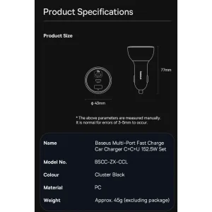 شارژر فندکی 152.5 وات بیسوس مدل BSCC-ZX-CCL به همراه کابل USB-C