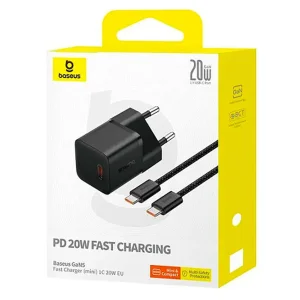 شارژر دیواری 20 وات بیسوس مدل GAN5 mini به همراه کابل تبدیل usb-c