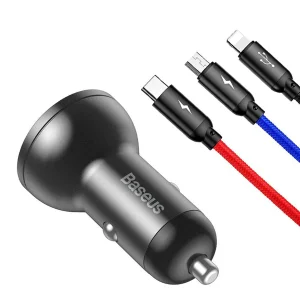 شارژر فندکی باسئوس مدل TZCCBX-0G به همراه کابل تبدیل microUSB/ USB-C / لایتنینگ