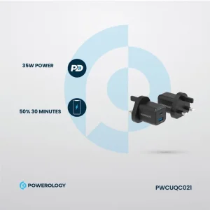 شارژر دیواری 35 وات 2 پورت پاورولوجی مدل PWCUQC021 به همراه کابل لایتنینگ