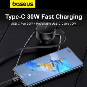 شارژر فندکی 60 وات بیسوس مدل Retractable به همراه کابل USB-C
