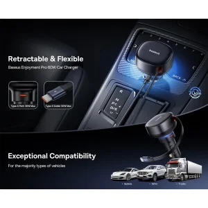 شارژر فندکی 60 وات بیسوس مدل Retractable به همراه کابل USB-C