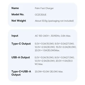 شارژر دیواری 30 وات بیسوس مدل Palm 30W  به همراه کابل USB-C