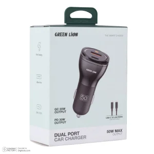 شارژر فندکی 30 وات 2 پورت گرین لاین مدل GNRCC50WBK به همراه کابل USB-C به USB-C به طول 1 متر