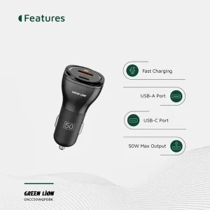 شارژر فندکی 30 وات 2 پورت گرین لاین مدل GNRCC50WBK به همراه کابل USB-C به USB-C به طول 1 متر