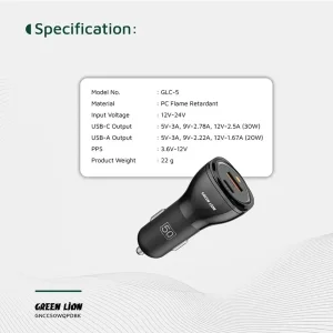 شارژر فندکی 30 وات 2 پورت گرین لاین مدل GNRCC50WBK به همراه کابل USB-C به USB-C به طول 1 متر