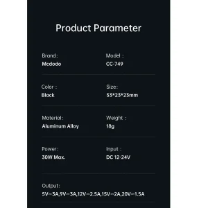 شارژر فندکی 30 وات مک دودو مدل MCA8 به همراه کابل تبدیل USB-C به لایتنینگ