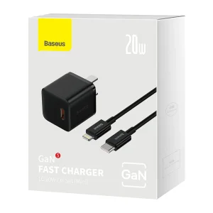 شارژر دیواری 20 وات بیسوس مدل GaN5 به همراه کابل تبدیل لایتنینگ