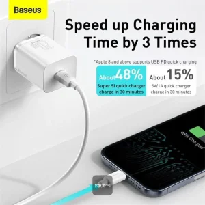 شارژر دیواری باسئوس مدل TZCCSUP-20W به همراه کابل تبدیل لایتنینگ
