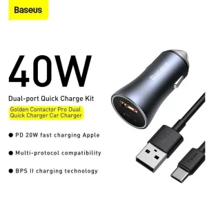 شارژر فندکی باسئوس  مدل TZCCJD-40W به همراه کابل تبدیل USB-C