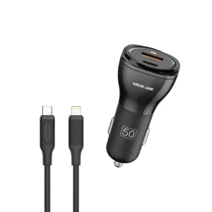 شارژر فندکی 30 وات 2 پورت گرین لاین مدل GNCC50WQPDBK به همراه کابل تبدیل USB-Cبه لایتنینگ