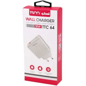 شارژر دیواری 18 وات تسکو مدل TTC 64 به همراه کابل USB-C