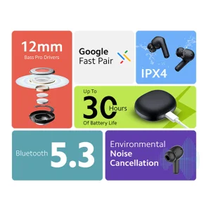 هدفون بلوتوثی شیائومی مدل Redmi Buds 4 Active بدون قابلیت نویز کنسلینگ، درگاه شارژ USB Type-C مقاوم در برابر پاشش آب و تعریق (IPX4)