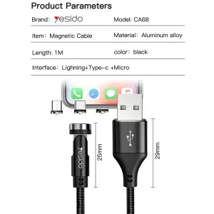 کابل تبدیل مغناطیسی USB به microUSB / USB-C / لایتنینگ یسیدو مدل CA68 طول 1 متر