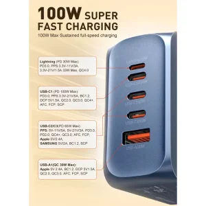 شارژر دیواری 100 وات 5 پورت الدینیو مدل Q8 به همراه کابل USB-C