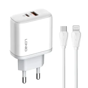 شارژر دیواری 45 وات 2 پورت الدینیو مدل A2526C به همراه کابل تبدیل USB-C به لایتنینگ