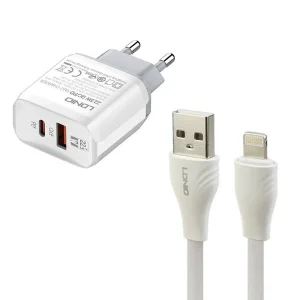 شارژر دیواری 22.5وات دو پورت الدینیو مدل A۲۴۲۱C به همراه کابل لایتنینگ