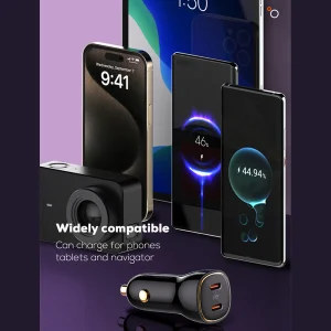 شارژر فندکی 60 وات الدینیو مدل C104 همراه با کابل USB-C