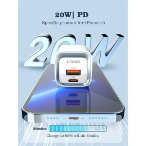 شارژر دیواری 20 وات 2 پورت الدینیو مدل A2318C به همراه کابل تبدیل USB-C به لایتنینگ