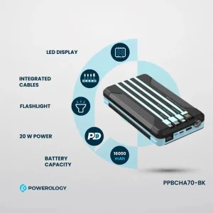 پاوربانک 20 وات پاورولوجی مدل Solar Multi-Cable PPBCHA70 ظرفیت 16000 میلی‌آمپرساعت به همراه چهارکابل USB-C، USB-A، Micro USB و لایتنینگ
