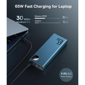 پاوربانک 65 وات بیسوس مدل PPADM65-S ظرفیت 20000 میلی آمپر ساعت به همراه کابل USB-C به USB-A