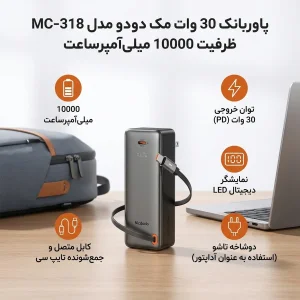 پاوربانک 30 وات مک دودو مدل MC-318 ظرفیت 10000 میلی‌آمپرساعت