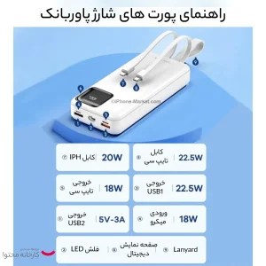 پاوربانک 22.5 وات ریمکس مدل RPP-550 ظرفیت 30000 میلی آمپر ساعت به همراه دو عدد کابل USB-C و لایتنینگ
