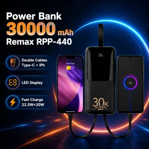 پاوربانک 22.5 وات ریمکس مدل RPP-440 ظرفیت 30000 میلی آمپر ساعت به همراه کابل USB-C و لایتنینگ