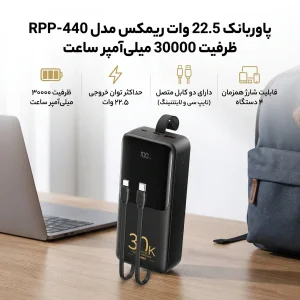 پاوربانک 22.5 وات ریمکس مدل RPP-440 ظرفیت 30000 میلی آمپر ساعت به همراه کابل USB-C و لایتنینگ