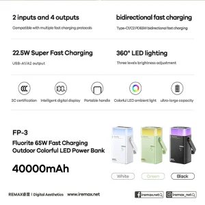 پاوربانک 65 وات ریمکس مدل FP-3  ظرفیت 40000 میلی‌آمپرساعت