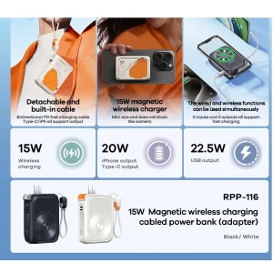 پاوربانک ریمکس مدل MagSafe Wireless Fast Charge RPP116 ظرفیت 10000 میلی آمپر ساعت