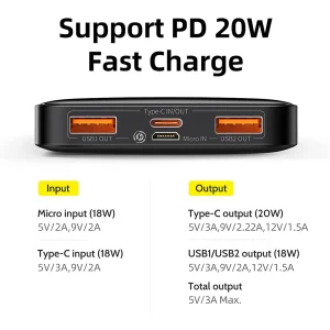 پاوربانک باسئوس مدل PPBD10K-20W ظرفیت 10000 میلی آمپر ساعت