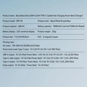پاوربانک ریمکس مدل RPP-35-20W+22.5W-TYPE-C Cabled ظرفیت 10000 میلی آمپرساعت