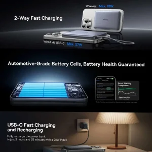 پاوربانک 27 وات بیسوس مدل PicoGo Ultra-Slim Qi2 ظرفیت 10000 میلی‌آمپرساعت
