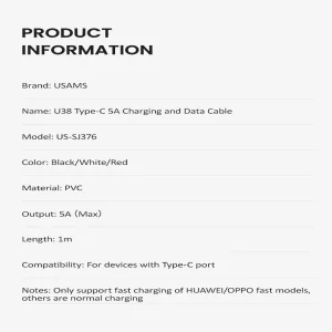کابل تبدیل USB به USB-C یوسمز مدل US-SJ376 U38 طول 1 متر