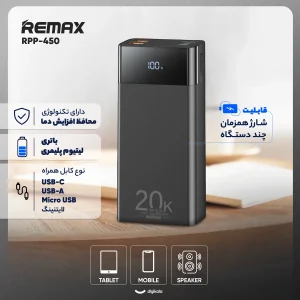 پاوربانک 22.5 وات ریمکس مدل RPP-450 22.5W ظرفیت 20000 میلی آمپر ساعت