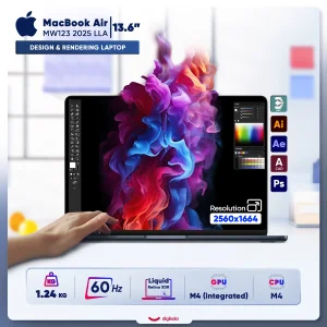 لپ‌تاپ اپل مدل MacBook Air MW123 2025 LLA با پردازنده Apple M4، رم 16GB، حافظه SSD با ظرفیت 256GB، نمایشگر 13.6 اینچ Retina، دارای نور پس‌زمینه کیبورد، حسگر اثر انگشت و سیستم‌عامل Apple Mac OS