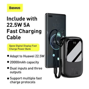 پاوربانک 22.5 وات  باسئوس مدل Qpow Digital Display ظرفیت 20000 میلی آمپر ساعت