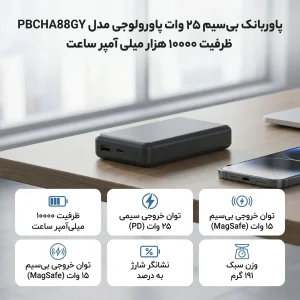 پاوربانک بی‌سیم ۲۵ وات پاورولوجی مدل PBCHA88GY ظرفیت ۱۰۰۰۰ هزار میلی آمپر ساعت