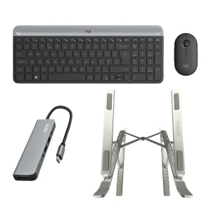 کیبورد و ماوس بی‌سیم لاجیتک مدل MK470، سوییچ ممبران، Full-Size به همراه هاب چهار پورت USB-C تسکو مدل THU 1160 و پایه نگهدارنده لپ تاپ ارگو مدل WLB007