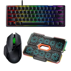 کیبورد ریزر مدل Huntsman Mini Red Switch به همراه ماوس بی سیم مخصوص بازی ریزر مدل Basilisk V3 X HyperSpeed و پایه خنک کننده لپ تاپ کول کلد مدل K39