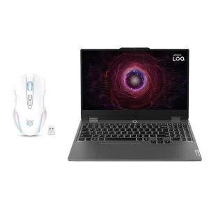لپ تاپ 15.6 اینچی لنوو مدل LOQ 15ARP9-R5 7235HS-RTX3050 A 4GB-12GB DDR5 4800MHz-512GB SSD-FHD 144Hz-W به همراه ماوس بی سیم مخصوص بازی اونیکوما مدل CW905