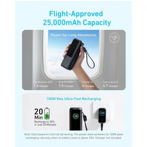 پاوربانک 100 وات انکر مدل A1695 ظرفیت 25000 میلی آمپر ساعت به همراه دو کابل USB-C
