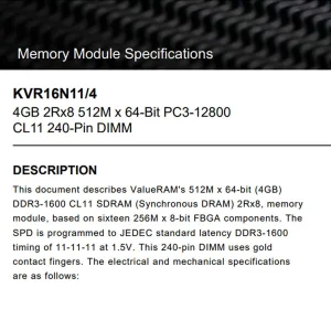 رم دسکتاپ DDR3 کینگستون مدل KVR16N11/4 ظرفیت 4GB فرکانس 1600MHz تایمینگ CL11 ولتاژ کاری 1.5V 240 پین تک کاناله DIMM