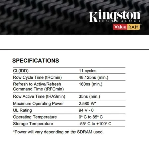 رم دسکتاپ DDR3 کینگستون مدل KVR16N11/4 ظرفیت 4GB فرکانس 1600MHz تایمینگ CL11 ولتاژ کاری 1.5V 240 پین تک کاناله DIMM