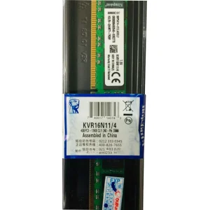 رم دسکتاپ DDR3 کینگستون مدل KVR16N11/4 ظرفیت 4GB فرکانس 1600MHz تایمینگ CL11 ولتاژ کاری 1.5V 240 پین تک کاناله DIMM