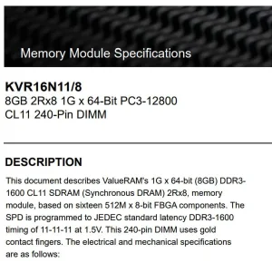 رم دسکتاپ DDR3 کینگستون 1600 مگاهرتز مدل KVR16N11/8 PC3-12800 ظرفیت 8 گیگابایت